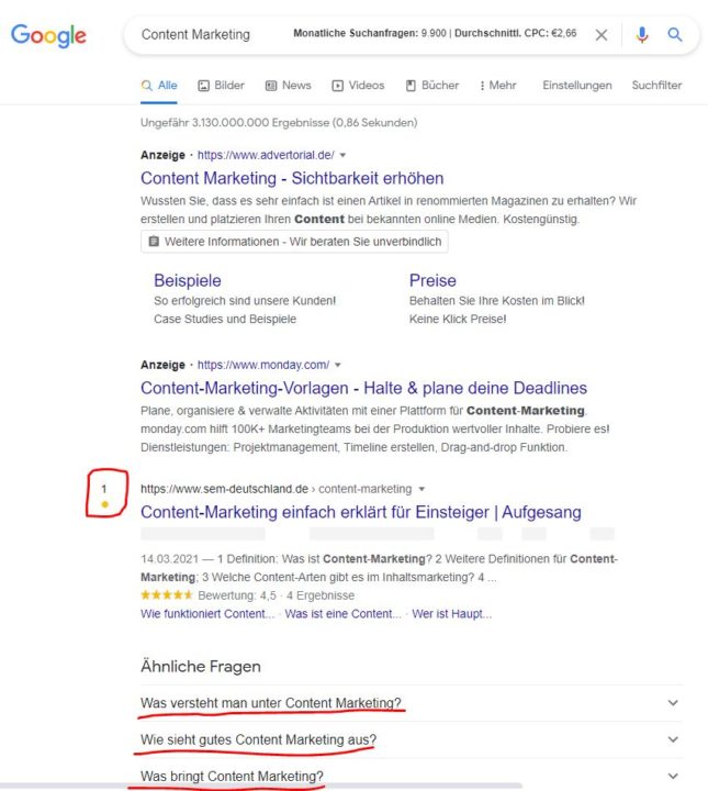 Content Marketing Google Fragen